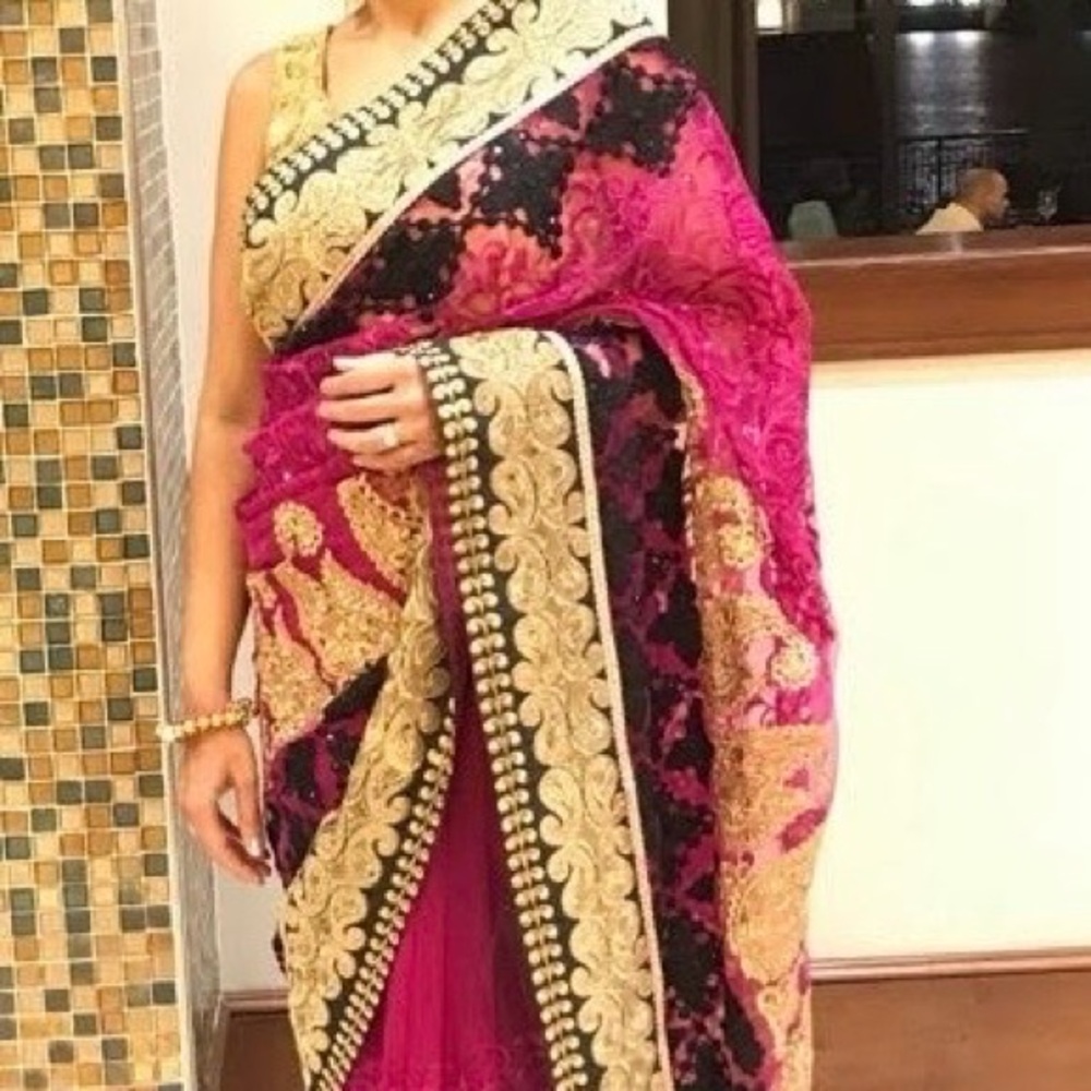 Black pink Indian net sari saree outfit